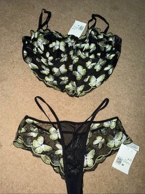 Sheer Black & Lime Butterfly Lace Bra and Thong Set